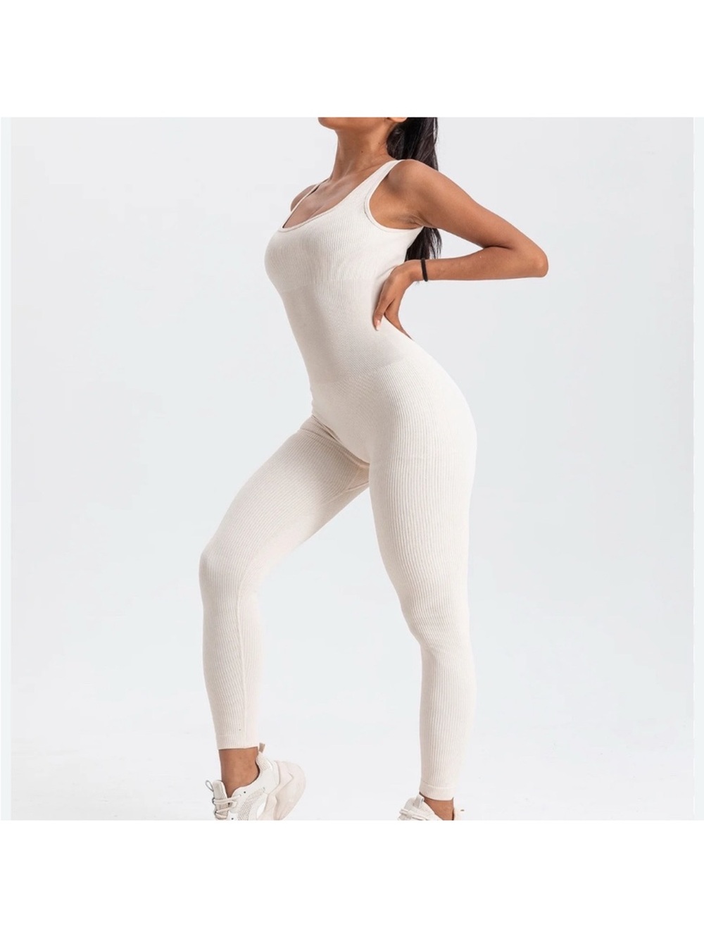 Ribbed Square-Neck Shapewear Jumpsuit - Cream